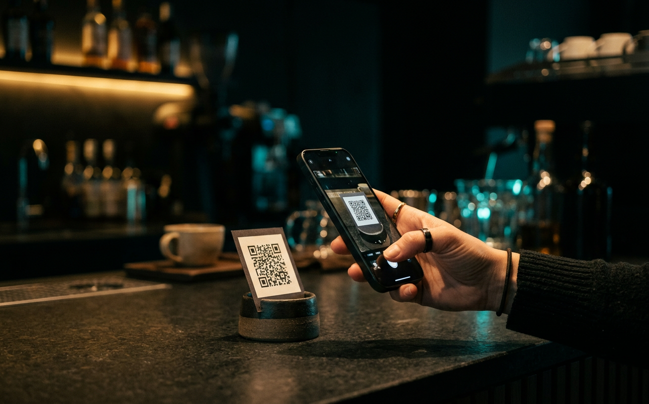 A customer scanning a Auralane QR code at a coffee shop counter